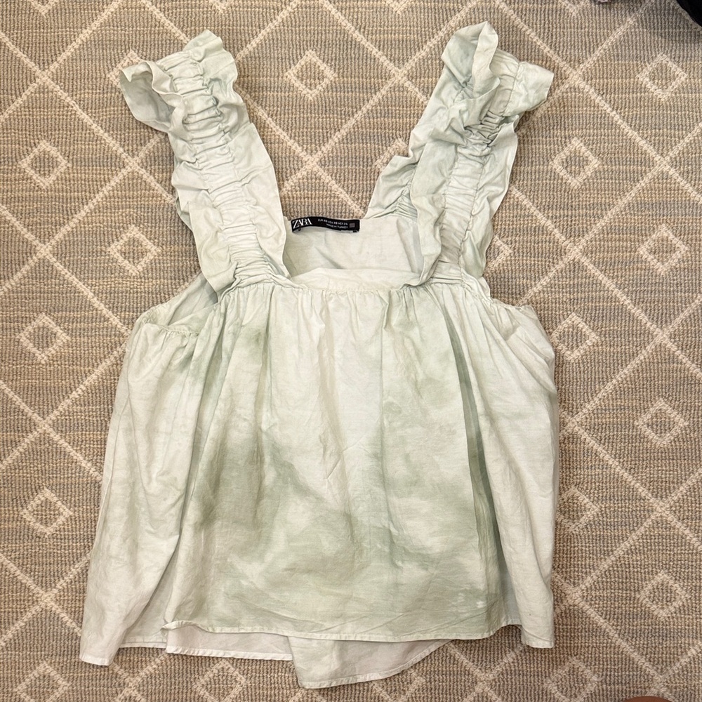 Zara Light Green Tie Die Ruffled Tank Top
